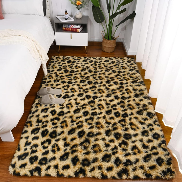 Fluffy Leopard Rug, Premium Cheetah Print Rugs, Soft Comfy Faux Fur Animal Print Carpet for Kids Room Bedroom, Living Room, Shaggy Teen Room Home Decor, Khaki 5x8 Feet