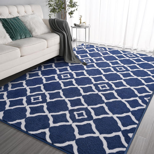 Ultra Soft Shag Area Rug for Bedroom, 6x9 Navy Blue/White Large Fluffy Geometric Living Room Rugs, Modern Moroccan Memory Foam Big Dorm Carpet Indoor Home Decor for Teens Girls Kids Nursery