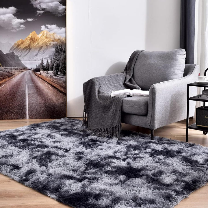 Shag Area Rugs for Bedroom,5x7 Feet Fluffy Fuzzy Soft Carpet,Gray Plush Shaggy Bedside Rug,Non-Slip Plush Indoor Living Room Rug for Kids Boys College Dorm Home Decor,Grey and White