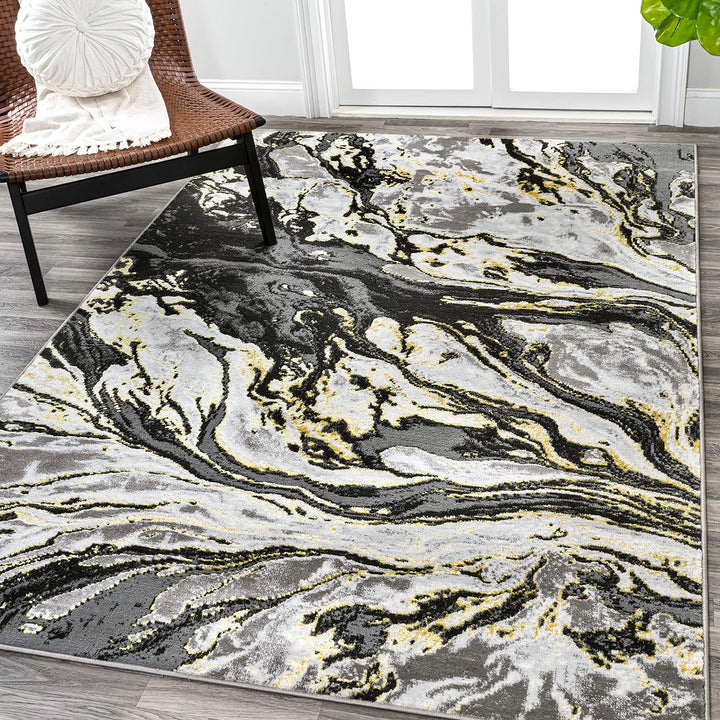 SOR203E-5 Swirl Marbled Abstract Indoor Area-Rug, Casual, Contemporary, Transitional Easy-Cleaning,Bedroom,Kitchen,Living Room,Non Shedding, Black/Ivory, 5 X 8