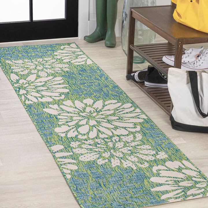 Zinnia Modern Floral Textured Weave Indoor Outdoor Area-Rug, Bohemian Coastal Easy-Cleaning, Bedroom, Kitchen, Backyard, Patio, Non Shedding