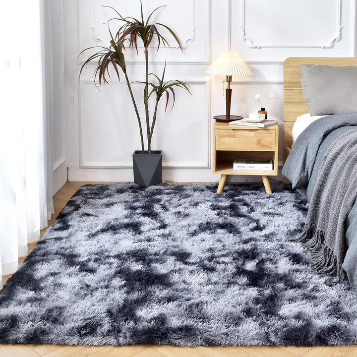 Shag Area Rugs for Bedroom,5x7 Feet Fluffy Fuzzy Soft Carpet,Gray Plush Shaggy Bedside Rug,Non-Slip Plush Indoor Living Room Rug for Kids Boys College Dorm Home Decor,Grey and White