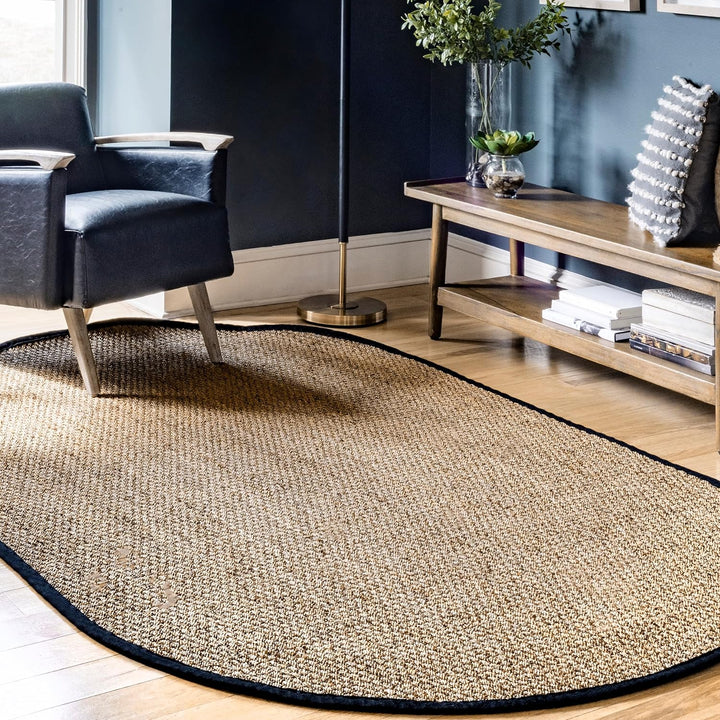 Elijah Seagrass Area Rug, Solid Farmhouse Style, Cotton Bordered, Basketweave, Natural Fiber, For Bedroom, Dining Room, Living Room, Hallway, Office, Kitchen, Entryway