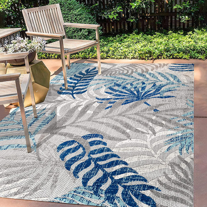 Tropics Palm Leaves Indoor Outdoor Area-Rug, Bohemian Floral Easy Cleaning, High Traffic, Bedroom, Kitchen, Backyard, Patio, Porch, Non Shedding