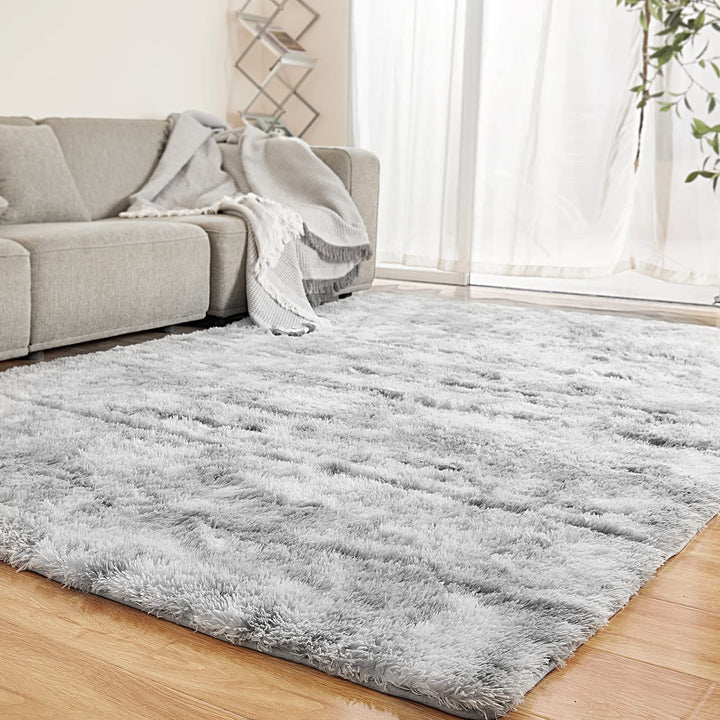 Large Shag Area Rugs 8x10 Feet for Living Room Bedroom, Indoor Soft Fuzzy Shaggy Carpet Fluffy Rugs for Kids Girls Boys Classroom Nursery Dorm Room, Tie-Dyed Light Grey