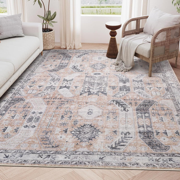 Washable Rug 8x10 Area Rugs for Living Room - Stain Resistant Non-Slip Backing Rugs for Bedroom,Ultra-Thin Vintage Large Area Rug (Apricot/Blue, 8'x10')