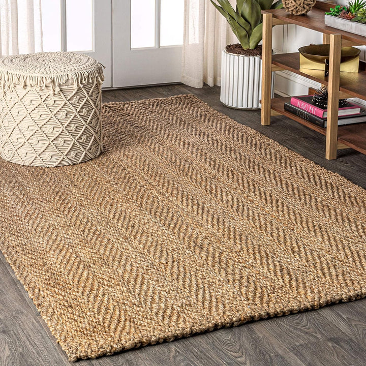 NFR101A-28 Espina Hand Woven Herringbone Chunky Jute Indoor Area -Rug Bohemian Farmhouse Easy -Cleaning Bedroom Kitchen Living Room Non Shedding, 2 X 8, Natural Color