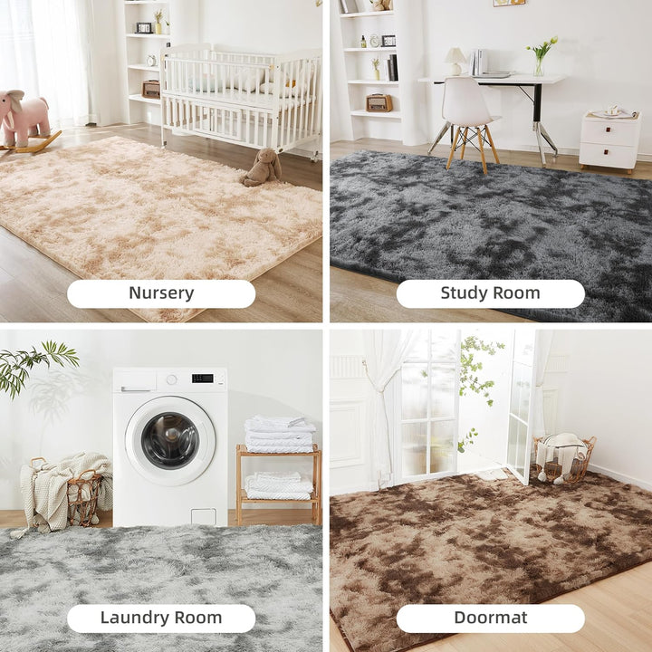 4x6 Shag Area Rug for Living Room Bedroom, Tie-Dyed Beige Fluffy Shaggy Fuzzy Nursery Kids Girls Boys Room Rug, Cream Soft Plush Furry Bedside Carpet, Non-Slip, Non-Shedding Indoor Floor Rug