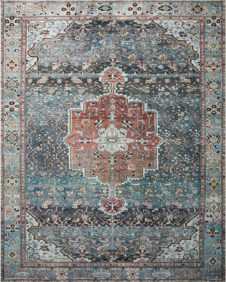 Margot Collection MAT-02 Terracotta / Lagoon 5'-0" x 7'-6", .38" Thick, Area Rug, feat.CloudPile, Soft, Durable, Printed, Medallion, Low Pile, Non-Shedding, Easy Clean, Living Room Rug