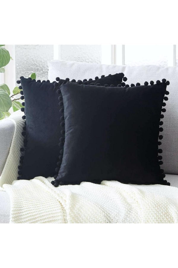 Set of 2 Black Mini Pom Pom Soft Textured Cushion Cover, Plain, 2 Pieces, Scandinavian, Bohemian