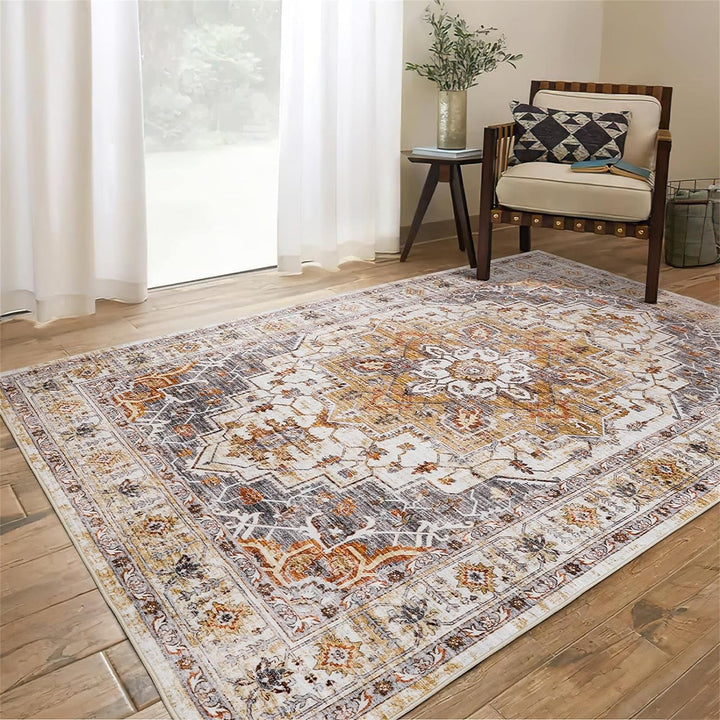 Washable Rug 8x10 Area Rugs for Living Room - Stain Resistant Non-Slip Backing Rugs for Bedroom,Ultra-Thin Vintage Large Area Rug (Apricot/Blue, 8'x10')