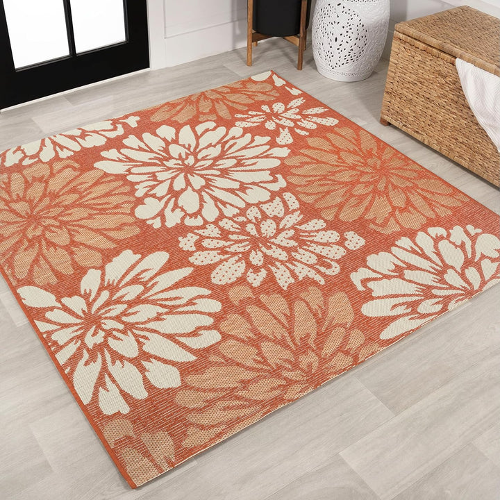 Zinnia Modern Floral Textured Weave Indoor Outdoor Area-Rug, Bohemian Coastal Easy-Cleaning, Bedroom, Kitchen, Backyard, Patio, Non Shedding