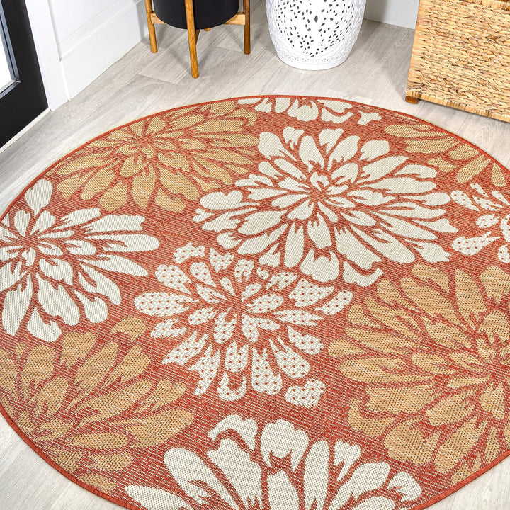 Zinnia Modern Floral Textured Weave Indoor Outdoor Area-Rug, Bohemian Coastal Easy-Cleaning, Bedroom, Kitchen, Backyard, Patio, Non Shedding