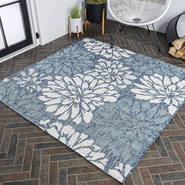 Zinnia Modern Floral Textured Weave Indoor Outdoor Area-Rug, Bohemian Coastal Easy-Cleaning, Bedroom, Kitchen, Backyard, Patio, Non Shedding