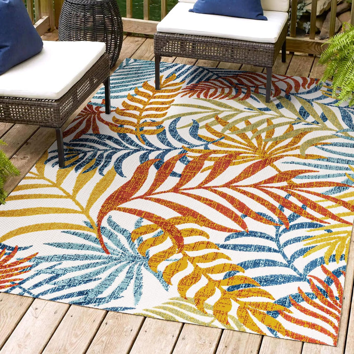 Tropics Palm Leaves Indoor Outdoor Area-Rug, Bohemian Floral Easy Cleaning, High Traffic, Bedroom, Kitchen, Backyard, Patio, Porch, Non Shedding