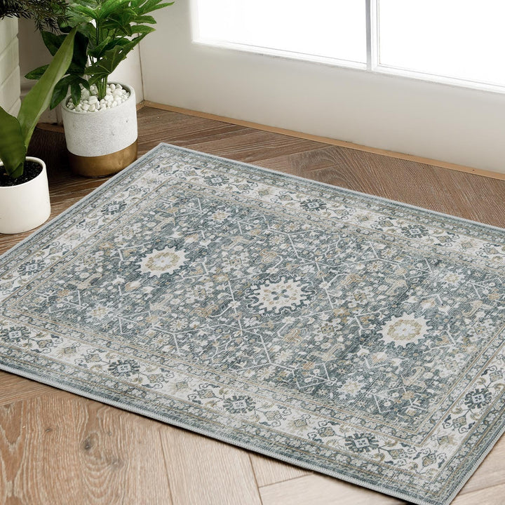 Area Rug 8x10 Washable Rug Vintage Rug Indoor Thin Rug Retro Accent Rug Distressed Carpet Blue Multi Floral Print Country Boho Rug Non Slip Kitchen Bedroom Living Room Dining Room Office