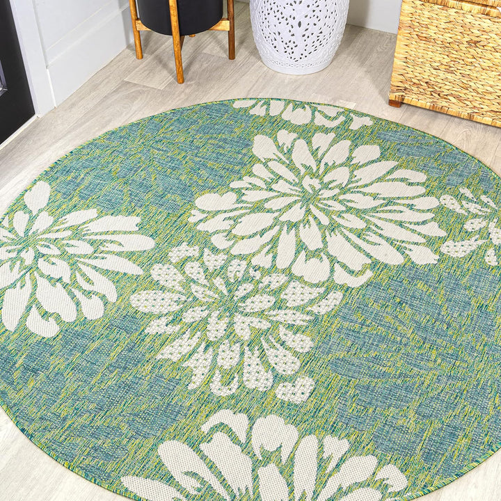 Zinnia Modern Floral Textured Weave Indoor Outdoor Area-Rug, Bohemian Coastal Easy-Cleaning, Bedroom, Kitchen, Backyard, Patio, Non Shedding