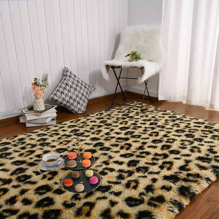 Fluffy Leopard Rug, Premium Cheetah Print Rugs, Soft Comfy Faux Fur Animal Print Carpet for Kids Room Bedroom, Living Room, Shaggy Teen Room Home Decor, Khaki 5x8 Feet