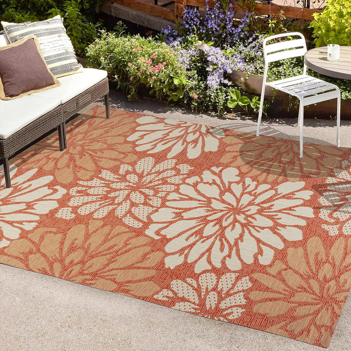 Zinnia Modern Floral Textured Weave Indoor Outdoor Area-Rug, Bohemian Coastal Easy-Cleaning, Bedroom, Kitchen, Backyard, Patio, Non Shedding