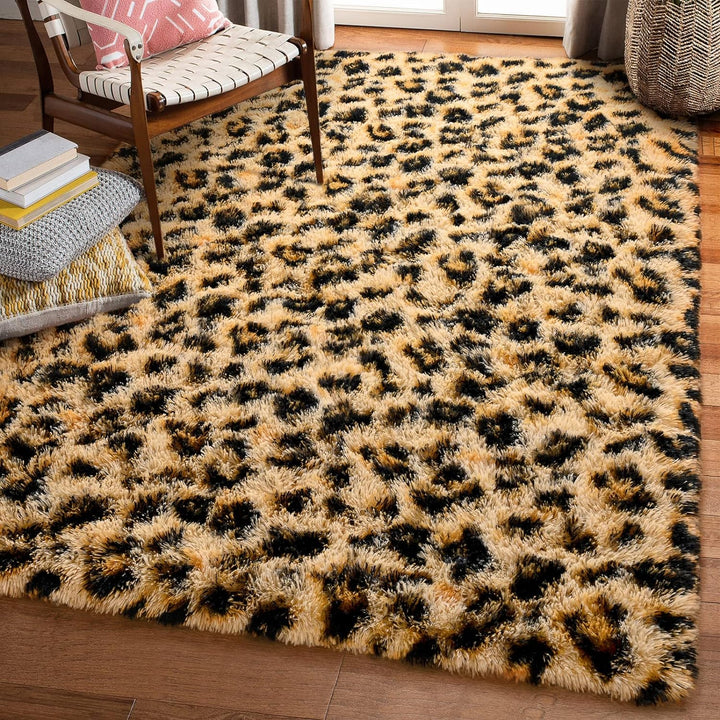 Fluffy Leopard Rug, Premium Cheetah Print Rugs, Soft Comfy Faux Fur Animal Print Carpet for Kids Room Bedroom, Living Room, Shaggy Teen Room Home Decor, Khaki 5x8 Feet