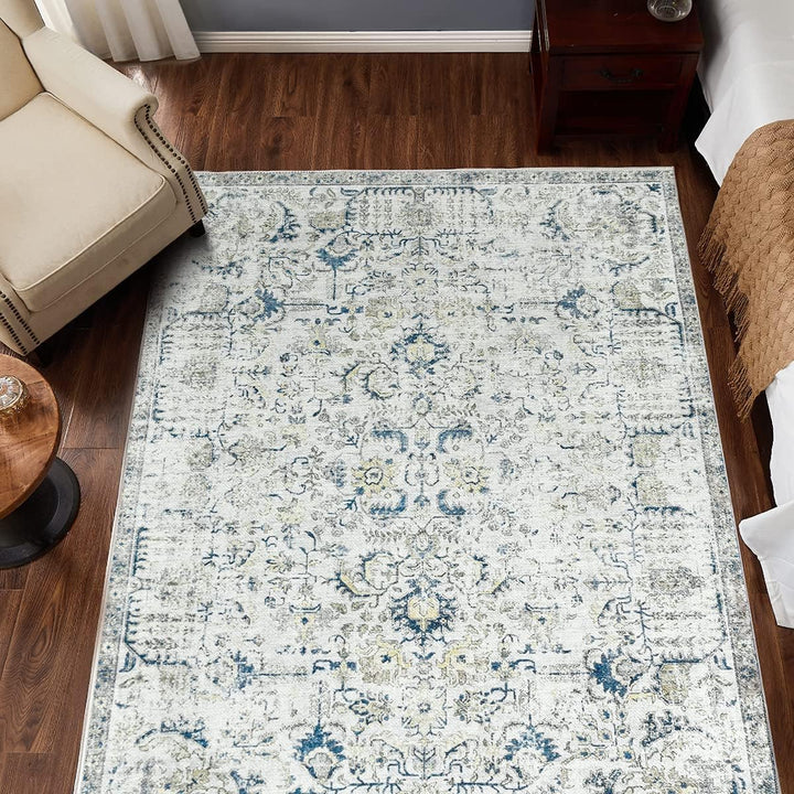 Area Rug 8x10 Washable Rug Vintage Rug Indoor Thin Rug Retro Accent Rug Distressed Carpet Blue Multi Floral Print Country Boho Rug Non Slip Kitchen Bedroom Living Room Dining Room Office