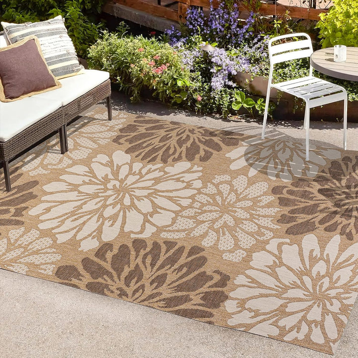 Zinnia Modern Floral Textured Weave Indoor Outdoor Area-Rug, Bohemian Coastal Easy-Cleaning, Bedroom, Kitchen, Backyard, Patio, Non Shedding