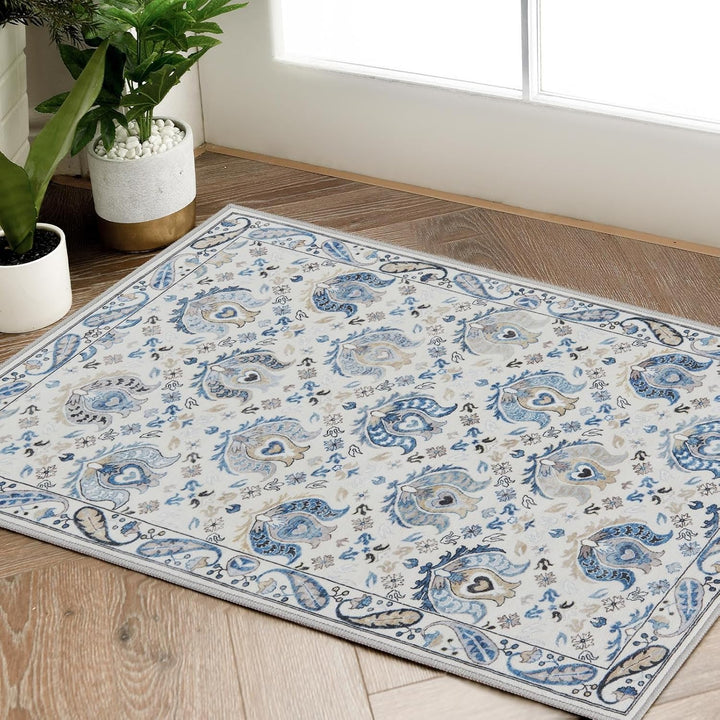 Area Rug 8x10 Washable Rug Vintage Rug Indoor Thin Rug Retro Accent Rug Distressed Carpet Blue Multi Floral Print Country Boho Rug Non Slip Kitchen Bedroom Living Room Dining Room Office