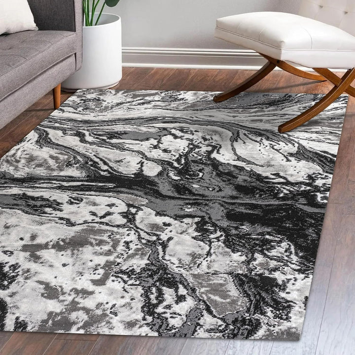 SOR203E-5 Swirl Marbled Abstract Indoor Area-Rug, Casual, Contemporary, Transitional Easy-Cleaning,Bedroom,Kitchen,Living Room,Non Shedding, Black/Ivory, 5 X 8