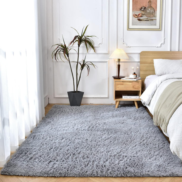 Shag Area Rugs for Bedroom,5x7 Feet Fluffy Fuzzy Soft Carpet,Gray Plush Shaggy Bedside Rug,Non-Slip Plush Indoor Living Room Rug for Kids Boys College Dorm Home Decor,Grey and White