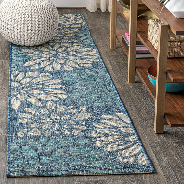 Zinnia Modern Floral Textured Weave Indoor Outdoor Area-Rug, Bohemian Coastal Easy-Cleaning, Bedroom, Kitchen, Backyard, Patio, Non Shedding