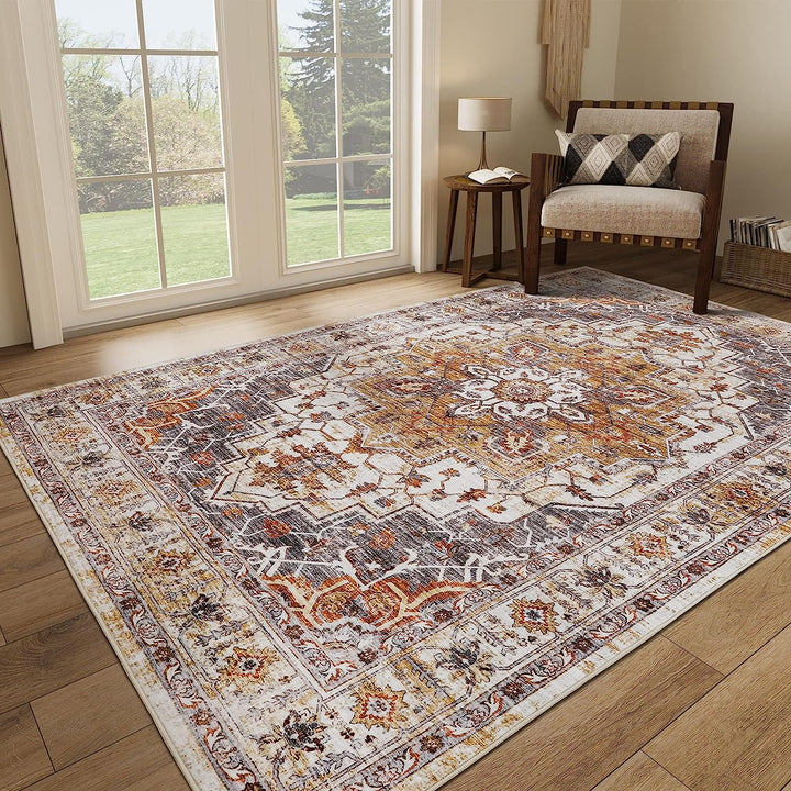 Washable Rug 8x10 Area Rugs for Living Room - Stain Resistant Non-Slip Backing Rugs for Bedroom,Ultra-Thin Vintage Large Area Rug (Apricot/Blue, 8'x10')