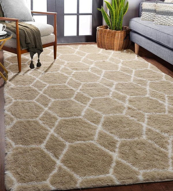 Geometric Area Rug 4x6 for Bedroom Living Room, Beige Moroccan Rugs Floor Mat for Home Decor Aesthetic, Soft Shaggy Plush Fluffy Carpet for Teen Nursery Playroom Dorm Classroom Office