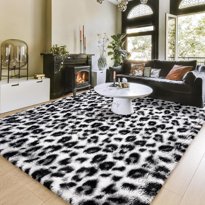 Fluffy Leopard Rug, Premium Cheetah Print Rugs, Soft Comfy Faux Fur Animal Print Carpet for Kids Room Bedroom, Living Room, Shaggy Teen Room Home Decor, Khaki 5x8 Feet