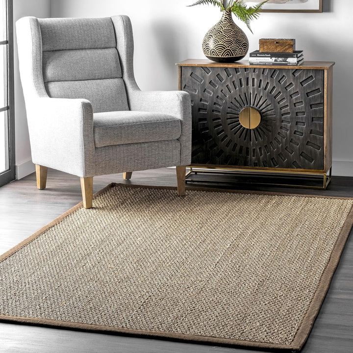 Elijah Seagrass Area Rug, Solid Farmhouse Style, Cotton Bordered, Basketweave, Natural Fiber, For Bedroom, Dining Room, Living Room, Hallway, Office, Kitchen, Entryway