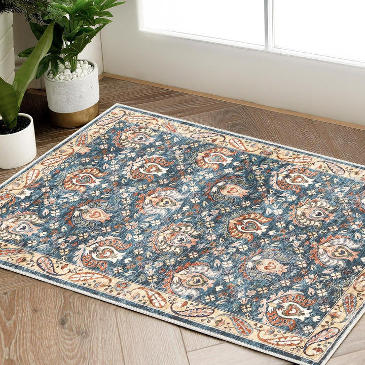 Area Rug 8x10 Washable Rug Vintage Rug Indoor Thin Rug Retro Accent Rug Distressed Carpet Blue Multi Floral Print Country Boho Rug Non Slip Kitchen Bedroom Living Room Dining Room Office