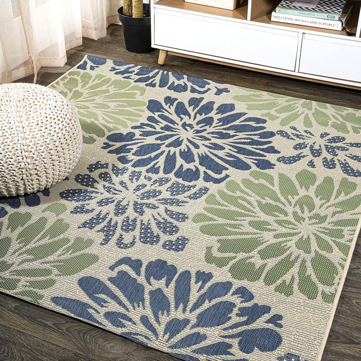 Zinnia Modern Floral Textured Weave Indoor Outdoor Area-Rug, Bohemian Coastal Easy-Cleaning, Bedroom, Kitchen, Backyard, Patio, Non Shedding