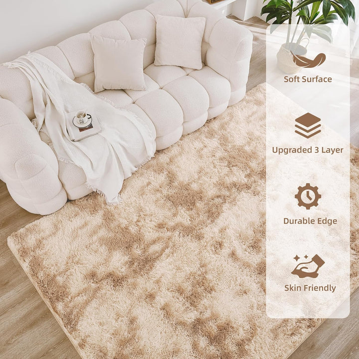 4x6 Shag Area Rug for Living Room Bedroom, Tie-Dyed Beige Fluffy Shaggy Fuzzy Nursery Kids Girls Boys Room Rug, Cream Soft Plush Furry Bedside Carpet, Non-Slip, Non-Shedding Indoor Floor Rug