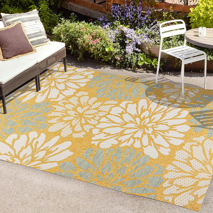 Zinnia Modern Floral Textured Weave Indoor Outdoor Area-Rug, Bohemian Coastal Easy-Cleaning, Bedroom, Kitchen, Backyard, Patio, Non Shedding