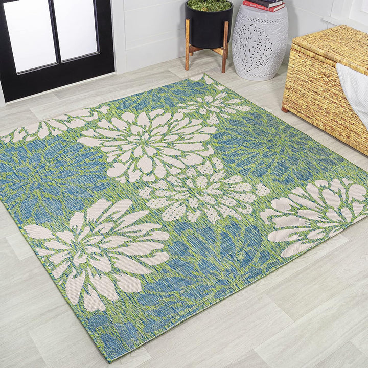 Zinnia Modern Floral Textured Weave Indoor Outdoor Area-Rug, Bohemian Coastal Easy-Cleaning, Bedroom, Kitchen, Backyard, Patio, Non Shedding