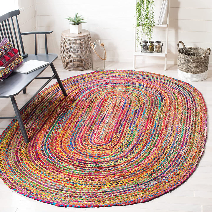 Cape Cod Collection Area Rug - 6' x 9', Red & Multi, Handmade Boho Braided Jute & Cotton, Ideal for High Traffic Areas in Living Room, Bedroom (CAP202A)