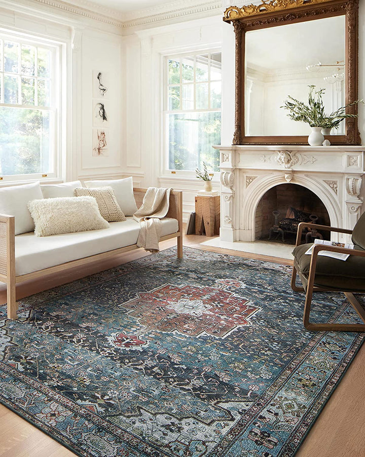 Margot Collection MAT-02 Terracotta / Lagoon 5'-0" x 7'-6", .38" Thick, Area Rug, feat.CloudPile, Soft, Durable, Printed, Medallion, Low Pile, Non-Shedding, Easy Clean, Living Room Rug