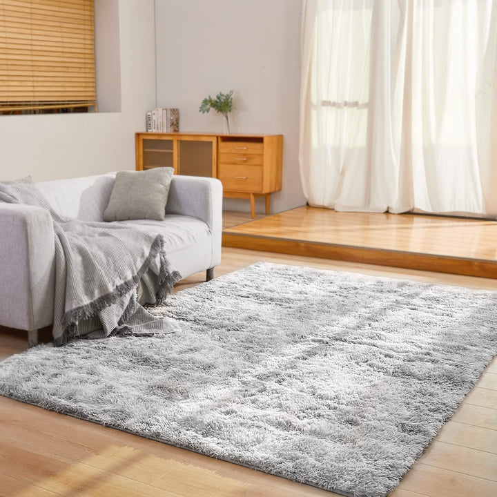 Large Shag Area Rugs 8x10 Feet for Living Room Bedroom, Indoor Soft Fuzzy Shaggy Carpet Fluffy Rugs for Kids Girls Boys Classroom Nursery Dorm Room, Tie-Dyed Light Grey