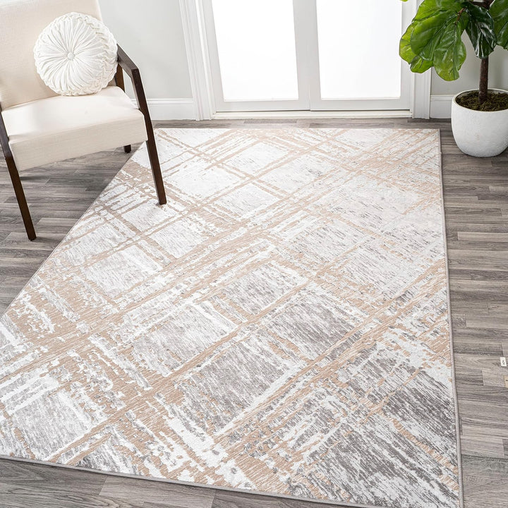 SOR201C-5 Slant Modern Abstract Indoor Area Rug, Transitional, Contemporary, Solid & Striped, Bedroom, Kitchen, Living Room, Easy-Cleaning, Non-Shedding, 5 X 8, Beige/Gray