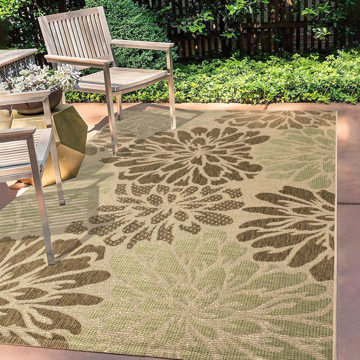 Zinnia Modern Floral Textured Weave Indoor Outdoor Area-Rug, Bohemian Coastal Easy-Cleaning, Bedroom, Kitchen, Backyard, Patio, Non Shedding