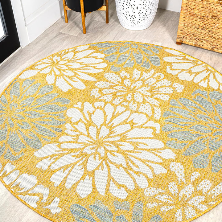 Zinnia Modern Floral Textured Weave Indoor Outdoor Area-Rug, Bohemian Coastal Easy-Cleaning, Bedroom, Kitchen, Backyard, Patio, Non Shedding