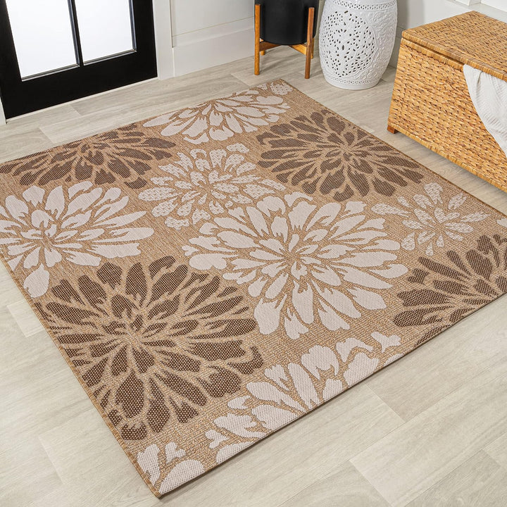 Zinnia Modern Floral Textured Weave Indoor Outdoor Area-Rug, Bohemian Coastal Easy-Cleaning, Bedroom, Kitchen, Backyard, Patio, Non Shedding