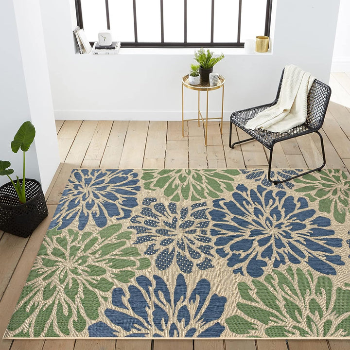 Zinnia Modern Floral Textured Weave Indoor Outdoor Area-Rug, Bohemian Coastal Easy-Cleaning, Bedroom, Kitchen, Backyard, Patio, Non Shedding