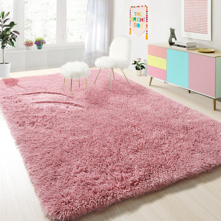 Pink Rugs for Girls Bedroom 4x6 Ft Fluffy Cute Girls Room Decor Aesthetic Area Rug Kawaii Baby Nursery Rug Plush Playroom Rug Shag Teen Girls Rug Thick Fur Dorm Rug Living Room Carpet