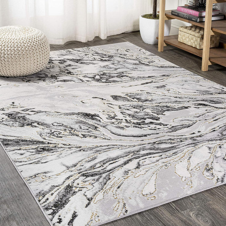 SOR203E-5 Swirl Marbled Abstract Indoor Area-Rug, Casual, Contemporary, Transitional Easy-Cleaning,Bedroom,Kitchen,Living Room,Non Shedding, Black/Ivory, 5 X 8