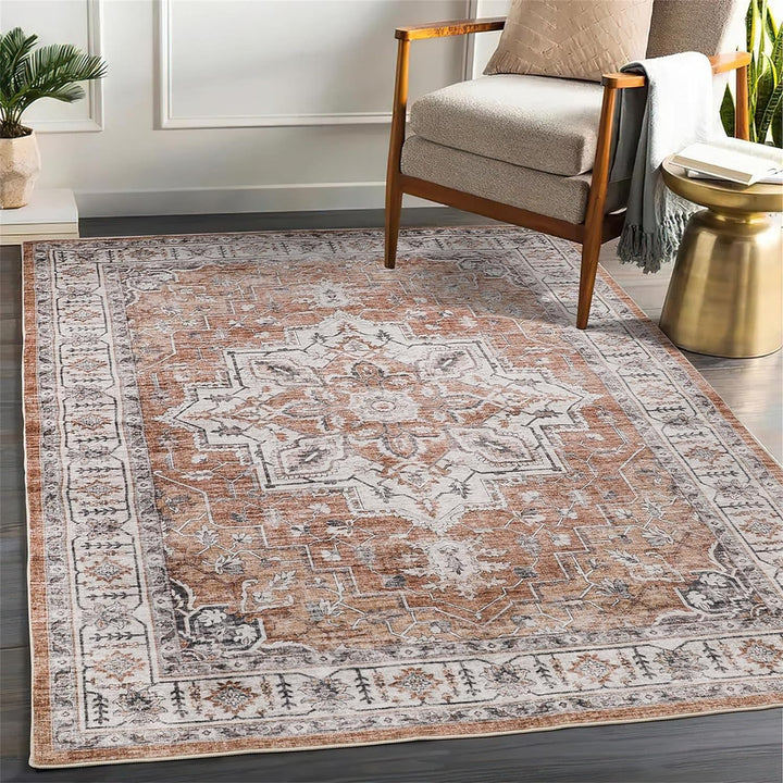 Washable Rug 8x10 Area Rugs for Living Room - Stain Resistant Non-Slip Backing Rugs for Bedroom,Ultra-Thin Vintage Large Area Rug (Apricot/Blue, 8'x10')